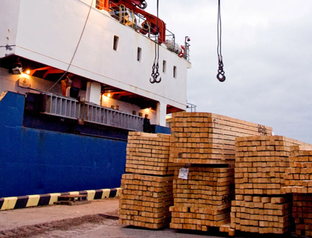 Bundles of sawn timber stacked on a quay beside a ship.