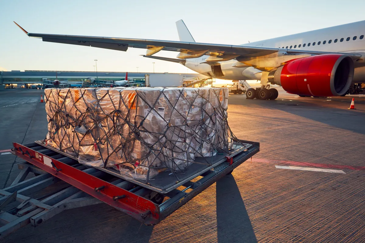 Air cargo on a pallet under the wing of a freighter aircraft on the apron.